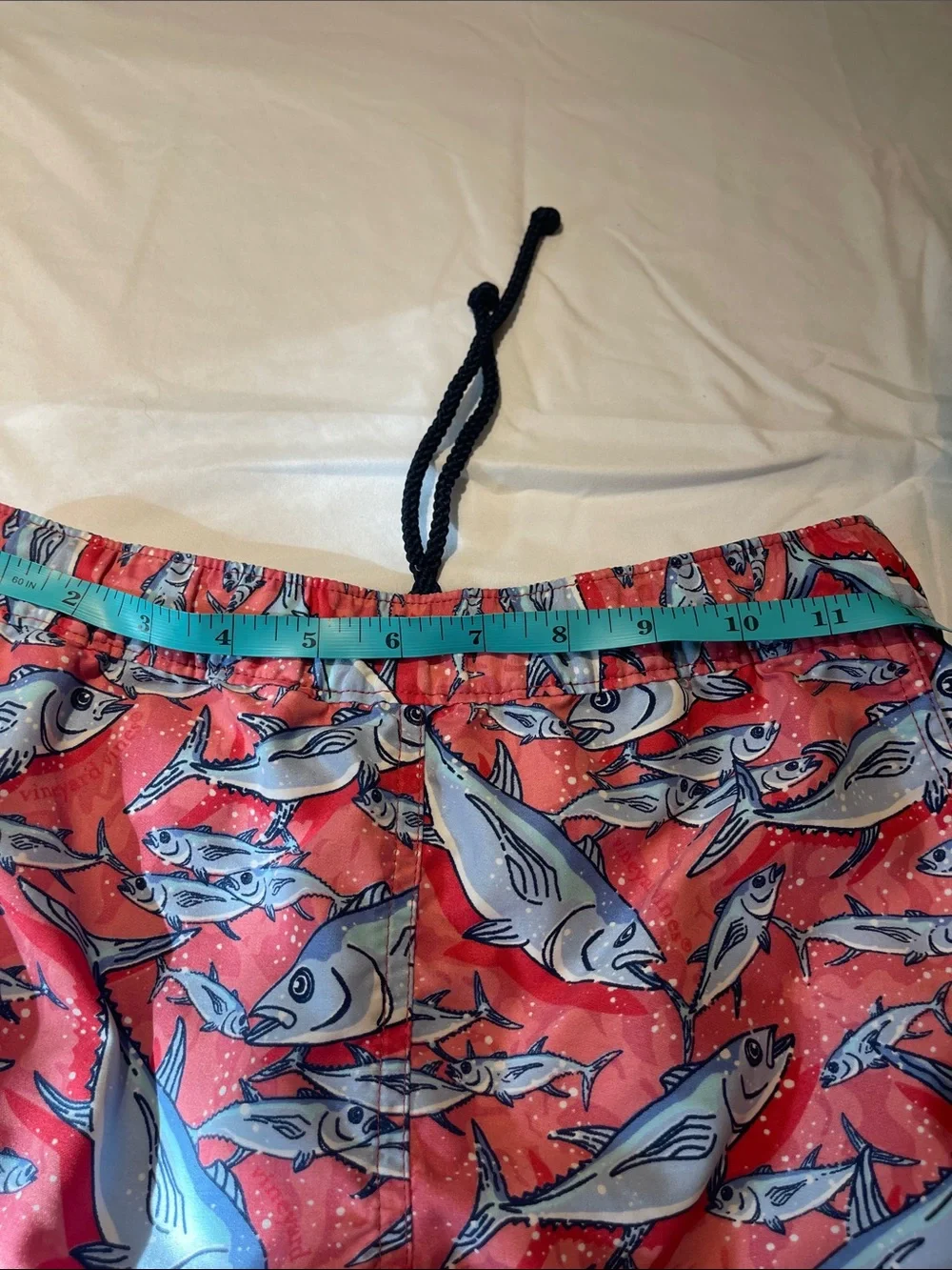 Vineyard Vines Kids Swim Trunks - Coral with Light Blue Fish Print